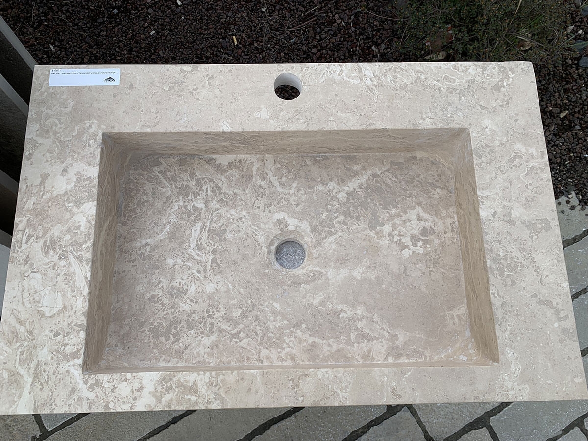 Vasque en pierre naturelle Travertin, coloris mixte beige, l.45 x L.75 x ht.12cm