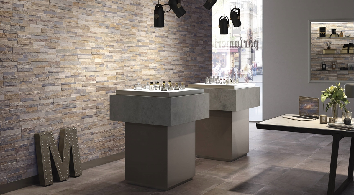 Parement effet pierre naturelle en carrelage, série Cubics, couleur beige