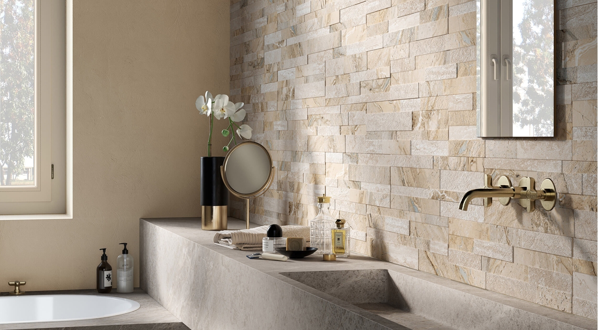 Parement en carrelage, effet marbre, série Gioia, couleur beige