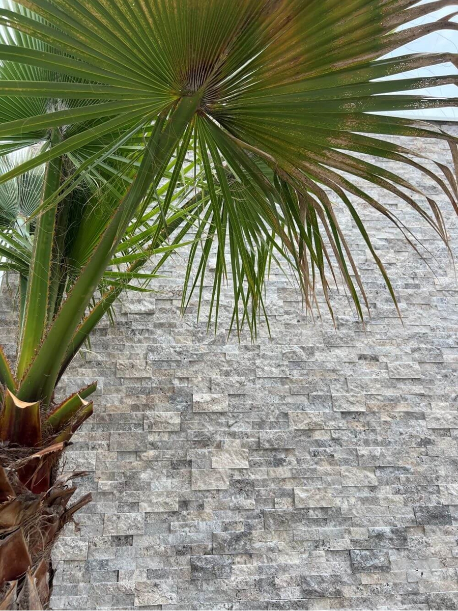 Plaquette travertin coloris mixte gris splittée, Format Z, 55x15x ép.1,5/2,5cm