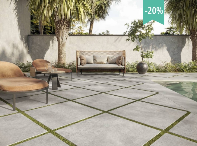 Carrelage extérieur, aspect béton, 80x80 cm, couleur gris clair, ép. 2 cm