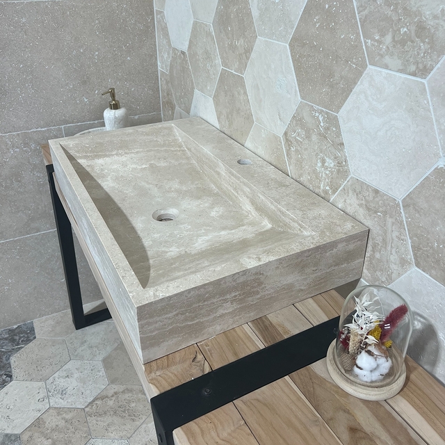 Vasque en pierre naturelle Travertin, coloris mixte beige, l.45 x L.75 x ht.12cm