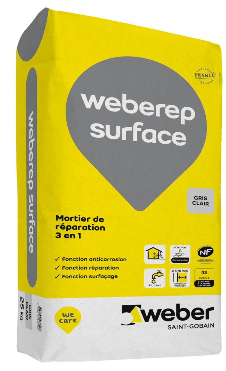 Mortier fibré de réparation 3 en 1 anticorrosion, Weberep surface, sac de 25 kg