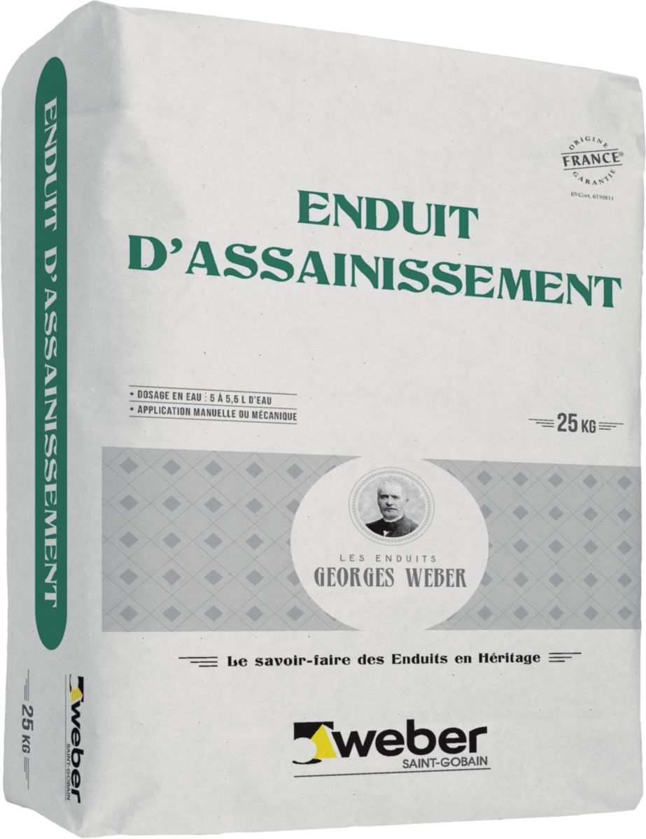 Enduit d’assainissement WEBER, spécial mur ancien et salpêtre, sac de 25kg