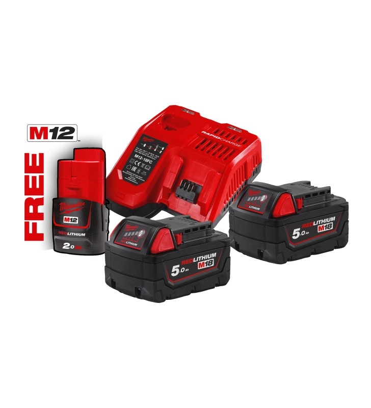 Pack 2 batteries Milwaukee M18 5 Ah, avec chargeur (1 batterie 2A offerte)