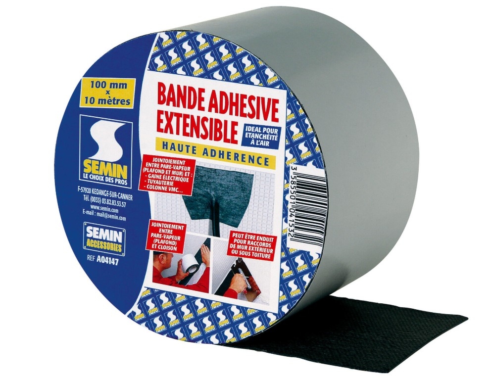 Bande adhésive extensible pour membrane étanchéité à l'air, SEMIN, 10 cm x 15 m