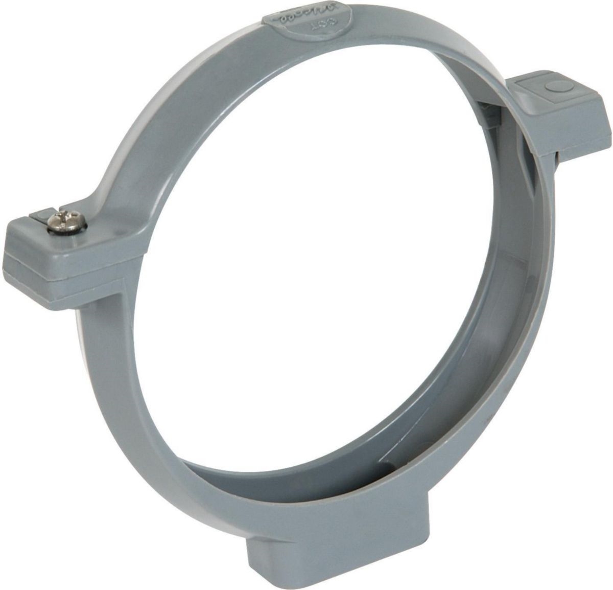 Collier à bride pour maintien de tube PVC, couleur gris, diamètre 100 mm