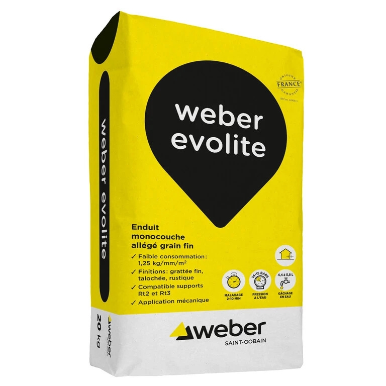 Enduit de façade monocouche allégé, Weber evolite, sac de 20 kg