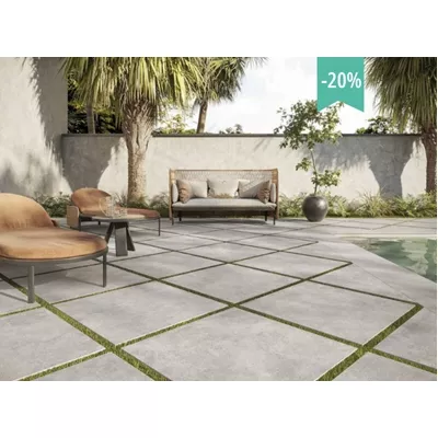 Carrelage extérieur, aspect béton, 80x80 cm, couleur gris clair, ép. 2 cm