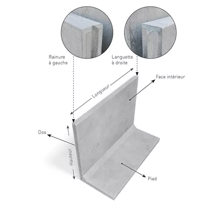 Mur de soutènement en béton armé en L, couleur gris béton